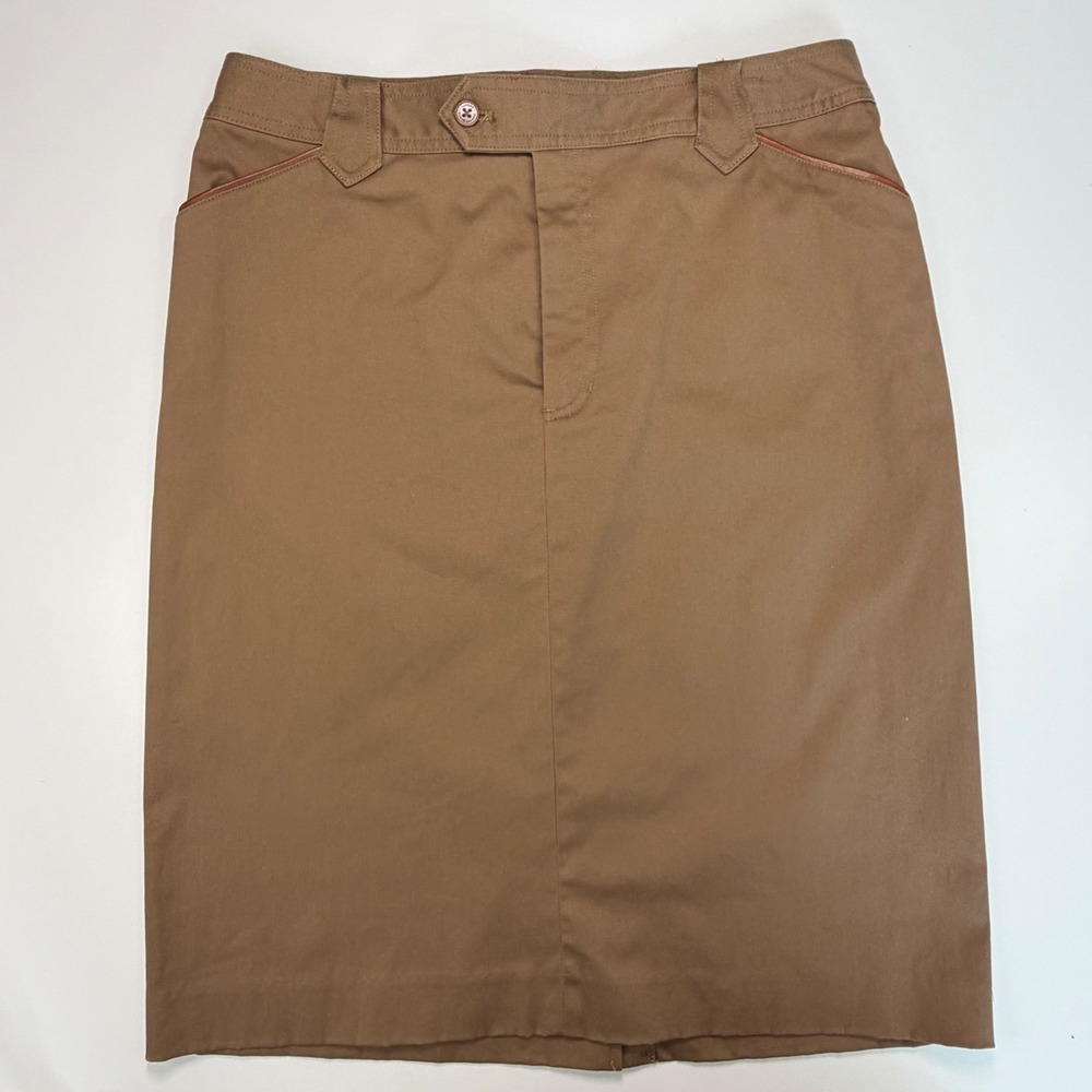 Lauren Ralph Lauren Tan Khaki Cotton Pencil Skirt Leather Trim Size 10